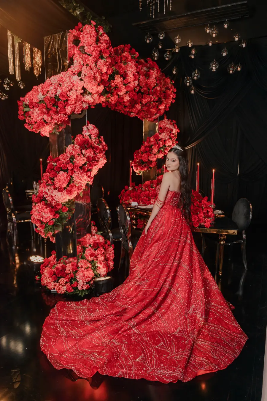 Editorial quinceañera portrait in a formal gown